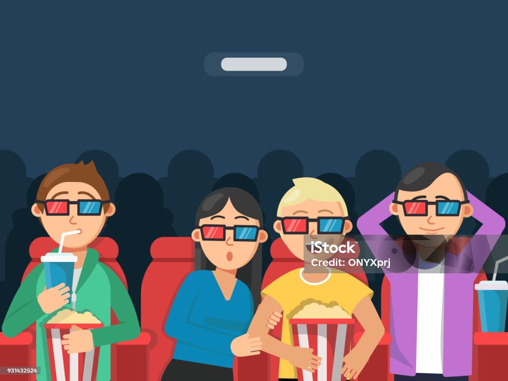 Funny Characters Watching Scary Movie In Cinema Stock Illustration -  Download Image Now - Movie, Popcorn, People - iStock