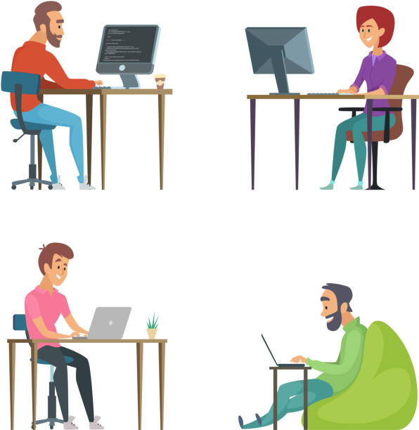Professional programmers at work. Illustrations of funny characters Professional programmers at work. Illustrations of funny characters. Programmer with computer on workplace, occupation and process programming vector computer programming desk stock illustrations