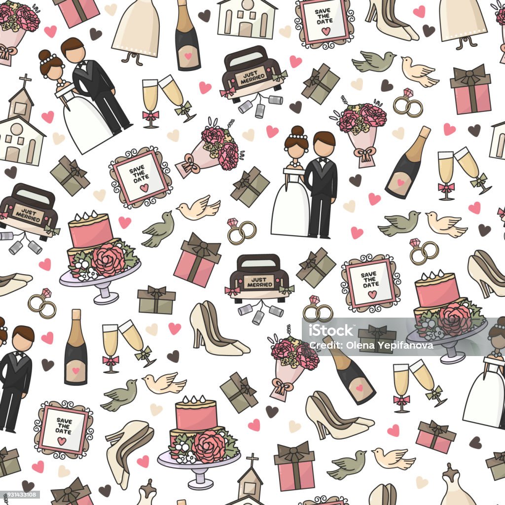 Vector Illustration Set Of Cartoon Doodle Wedding Icons Collection Of  Romantic Symbols Wedding Marriage Bride Groom Engagement Seamless Pattern  Packing Texture Wallpaper Background Stock Illustration - Download Image  Now - iStock