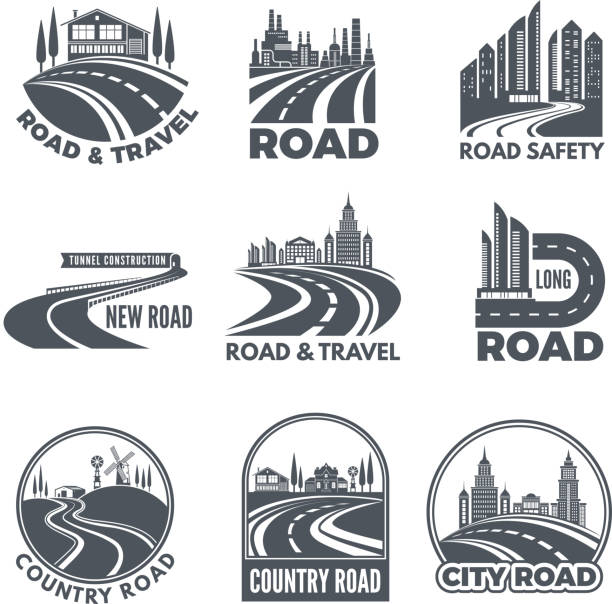 Logos with curved pathways and place for your text Logos with curved pathways and place for your text. Road asphalt curve, highway and pathway for transportation illustration vector all weather running track stock illustrations