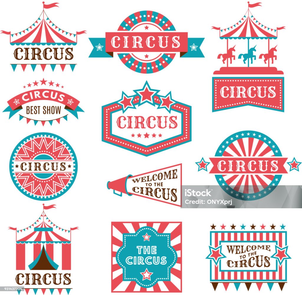 Anciens insignes et étiquettes pour le carnaval et le cirque montrent l’invitation. Logos vectoriels monochrome - clipart vectoriel de Cirque libre de droits