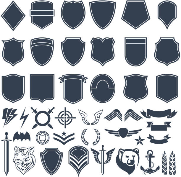 illustrations, cliparts, dessins animés et icônes de ensemble de formes vides pour insignes militaires. symboles monochromes armée - patchwork