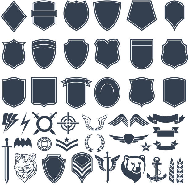 ilustrações, clipart, desenhos animados e ícones de conjunto de formas vazias de emblemas militares. símbolos de exército monocromáticos - armed forces military insignia badge