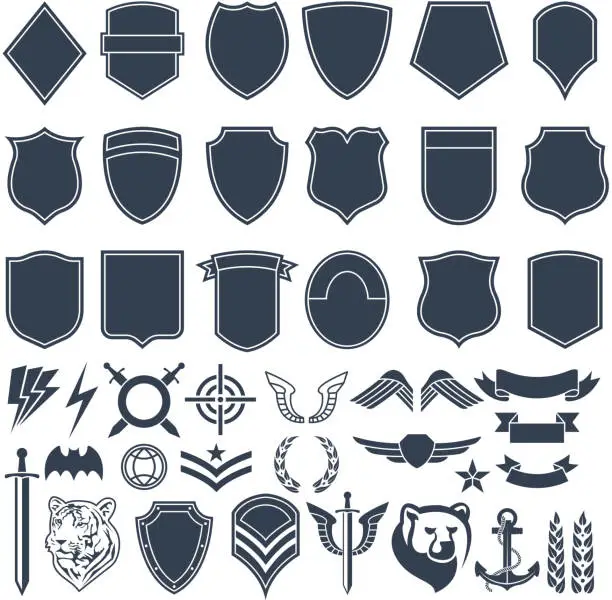 Vector illustration of Set of empty shapes for military badges. Army monochrome symbols