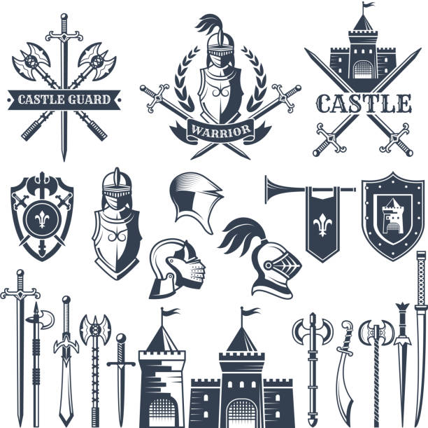 ilustrações de stock, clip art, desenhos animados e ícones de monochrome pictures and badges of medieval knight theme. illustrations of helmets, swords - escudo-armamento