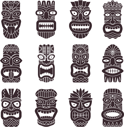 Monochrome vector illustrations set of tribal god tiki. Black white tahitian totem, idol god hawaiian tiki with teeth and mouth