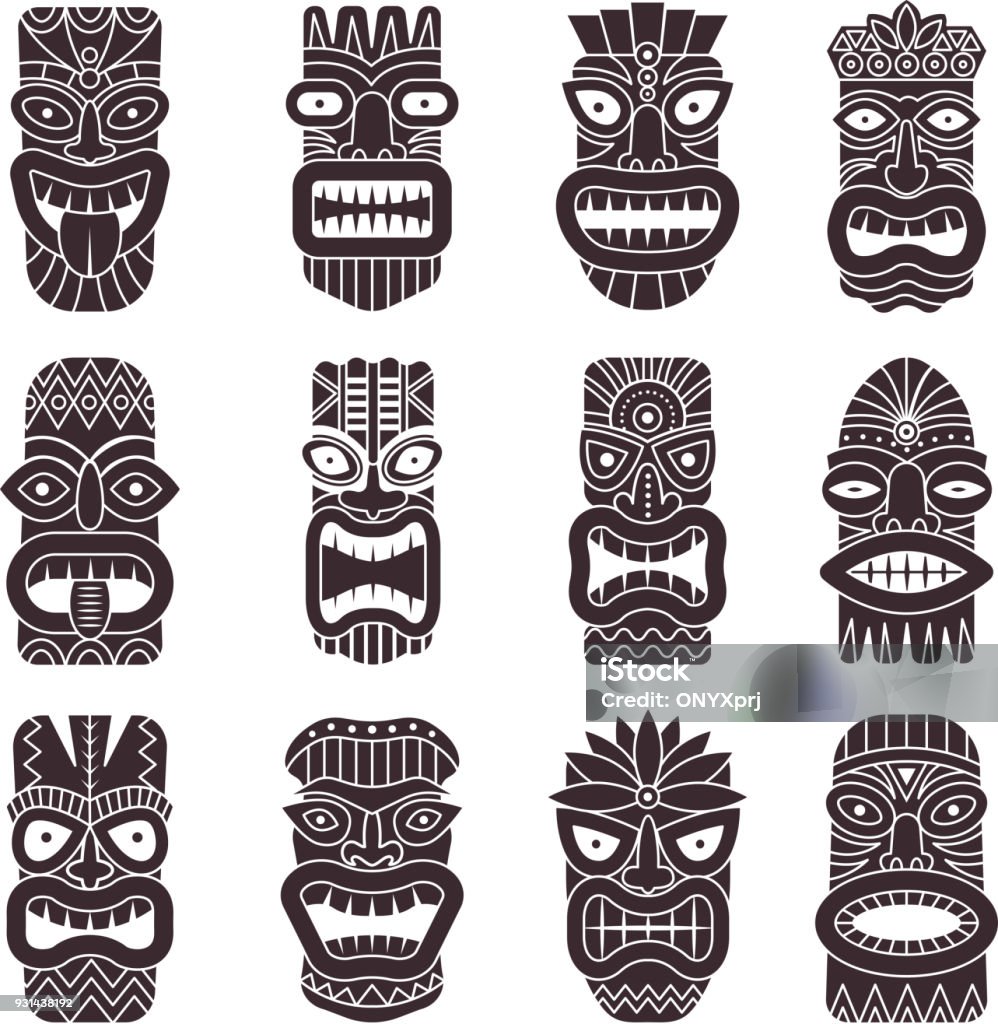 Monochrome vector illustrations set of tribal god tiki Monochrome vector illustrations set of tribal god tiki. Black white tahitian totem, idol god hawaiian tiki with teeth and mouth Tiki stock vector