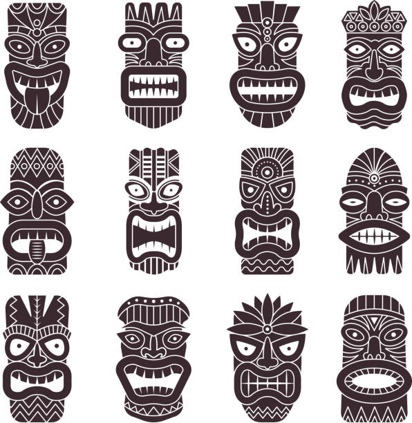 Monochrome vector illustrations set of tribal god tiki Monochrome vector illustrations set of tribal god tiki. Black white tahitian totem, idol god hawaiian tiki with teeth and mouth totem pole stock illustrations