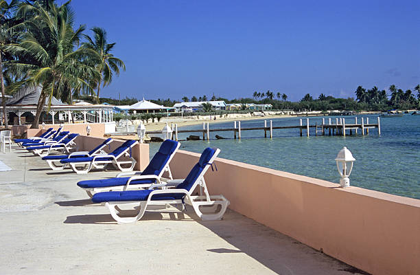 vide chaises longues sur la terrasse - tourist resort apartment swimming pool caribbean photos et images de collection