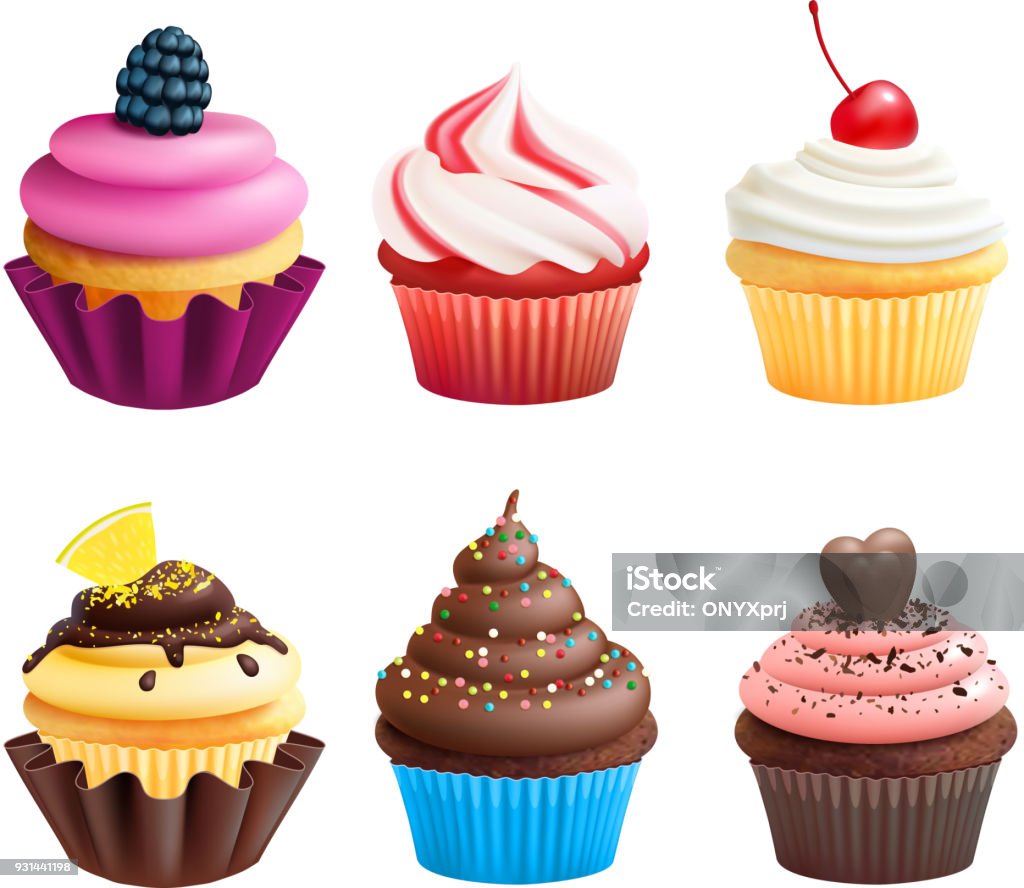 Realistic vector illustrations of cupcakes. Sweets for birthday party Realistic vector illustrations of cupcakes. Sweets for birthday party. Sweet dessert food and birthday yummy cupcake of set Cupcake stock vector