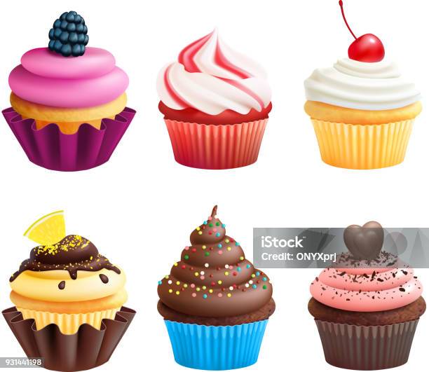 Realistic Vector Illustrations Of Cupcakes Sweets For Birthday Party Stock Illustration - Download Image Now