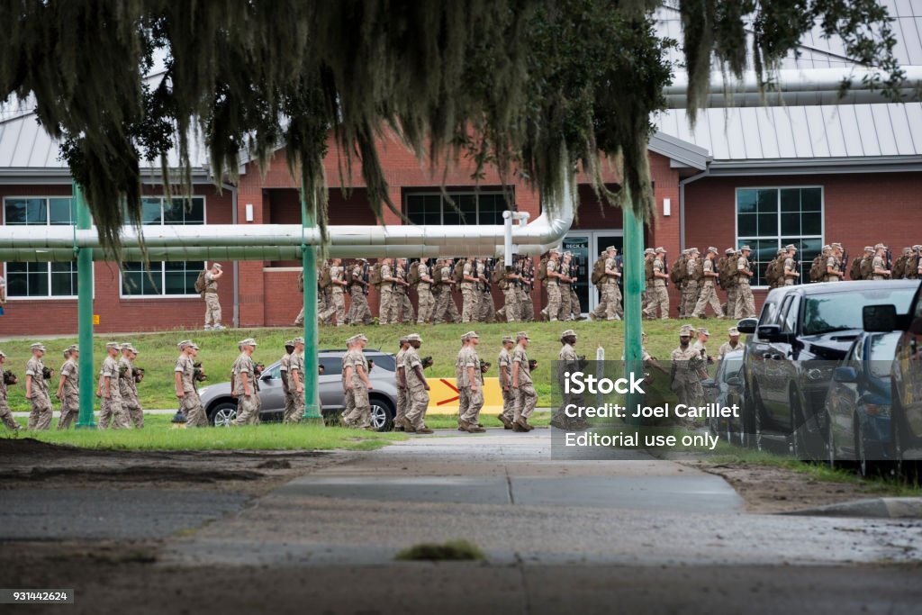 Marine Corps basic training at Parris Island, South Carolina Parris Island, South Carolina, USA - September 23, 2014: Marine Corps recruits undergo basic training at Marine Corps Recruit Depot Parris Island in South Carolina. Marines - Military Stock Photo