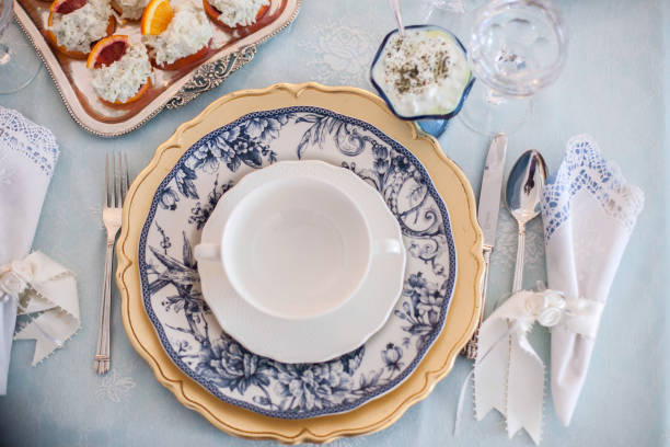 Blue Blanc porcelain plates stock photo