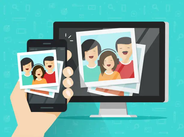 Vector illustration of Smartphone streaming photo cards on computer vector illustration, flat cartoon mobile phone connected to pc wirelessly showing photos, photography multimedia transfer or downloading via cellphone