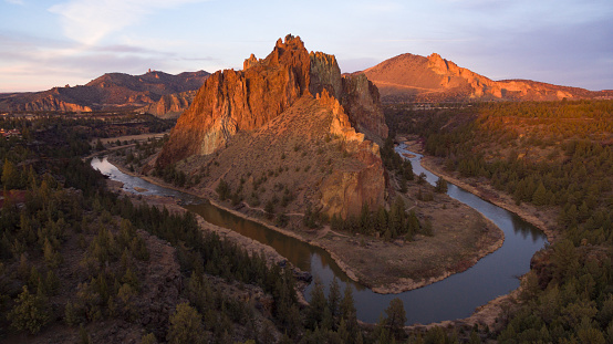 The sun is setting on Smith Rock in Central Oregon's high desert