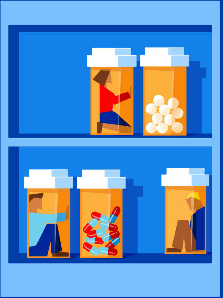люди в ловушке внутри таблетки бутылки сидя на полке бутылки, рецепт наркотиков концепции вектор иллюстрации - medicine pill prescription medicine narcotic stock illustrations