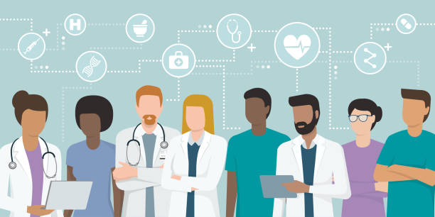 Team of professional doctors Multiethnic team of doctors and nurses working together, network of concepts on the top: healthcare and medicine medical clinic illustrations stock illustrations