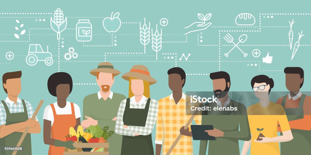 Equipo de agricultores que trabajan juntos - arte vectorial de Agricultura libre de derechos