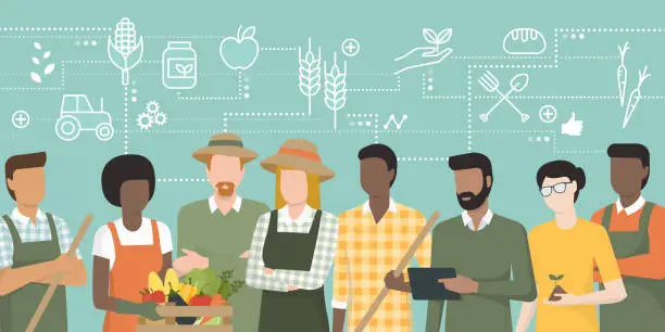 Vector illustration of Team of farmers working together