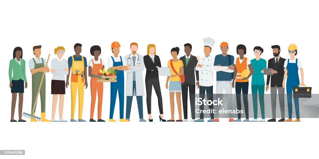 Workers standing together Multiethnic group of workers standing together, employment concept Occupation stock vector