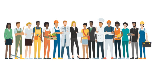 Workers standing together Multiethnic group of workers standing together, employment concept businesswoman illustrations stock illustrations