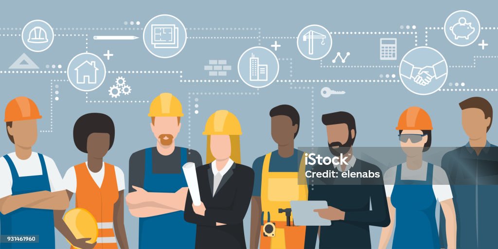 Construction workers and engineers team Construction workers and engineers team working together and network of concepts: architecture and real estate Construction Industry stock vector