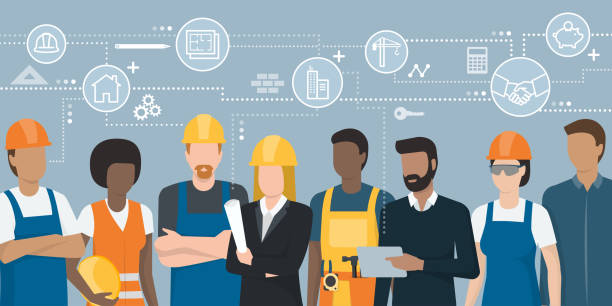 Construction workers and engineers team Construction workers and engineers team working together and network of concepts: architecture and real estate building contractor illustrations stock illustrations