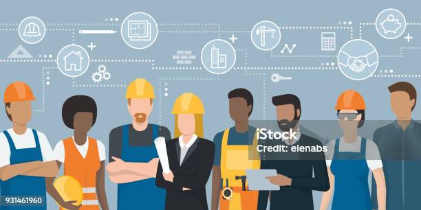 Construction Workers And Engineers Team Stock Illustration - Download Image Now - Construction Industry, Engineer, Construction Worker