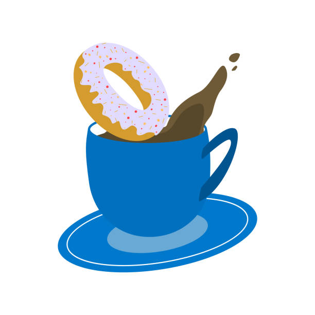 ilustrações de stock, clip art, desenhos animados e ícones de blue cup of coffee with donut on white background vector illustration - coffee bagel donut coffee cup