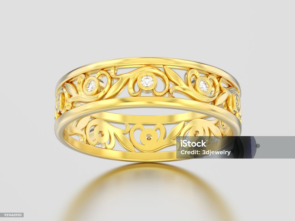 3D illustration yellow gold decorative wedding bands carved out diamond ring with ornament 3D illustration yellow gold decorative wedding bands carved out diamond ring with ornament on a gray background Backgrounds Stock Photo