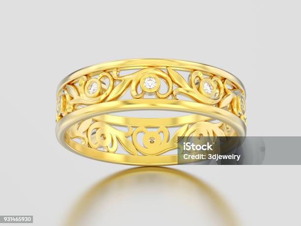 3d Illustration Yellow Gold Decorative Wedding Bands Carved Out Diamond Ring With Ornament Stock Photo - Download Image Now
