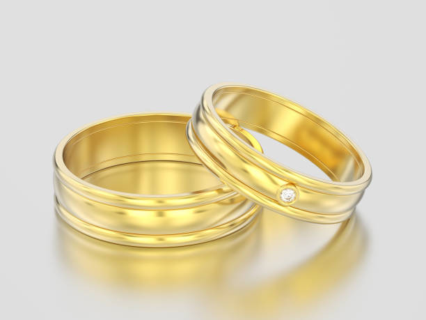 istock 3D illustration two yellow gold matching couples wedding diamond rings bands 931465938