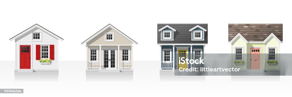 Elemente der Architektur mit kleinen Häusern, die isoliert auf weißem Hintergrund, Vektor, Abbildung - Lizenzfrei Wohnhaus Vektorgrafik