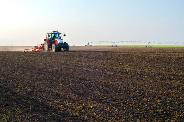 tractor sowing in the springtime - watering place imagens e fotografias de stock