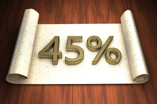 45 per cent, golden numbers, over open paper, 3d rendering