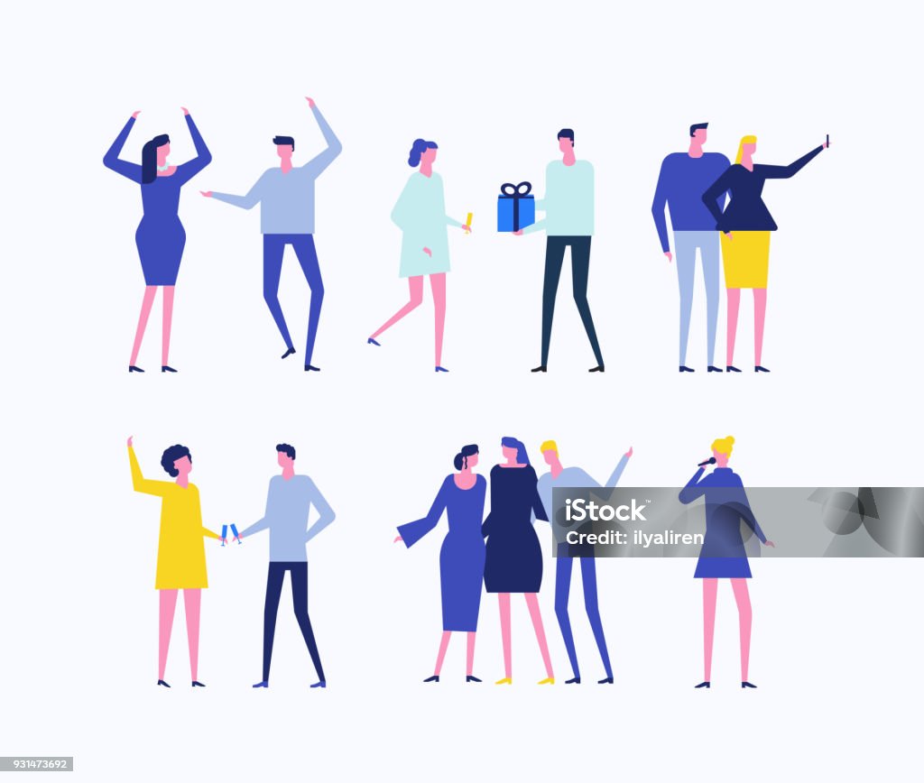 Party - flat design style set of isolated characters Party - flat design style set of isolated characters on white background. Happy standing people sharing presents, making selfie, dancing, clanging glasses, singing, hugging People stock vector