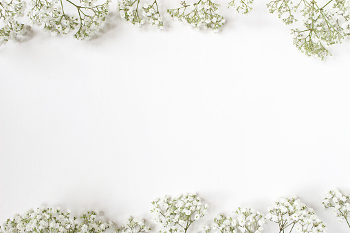Estilo Foto stock. Escritorio femenino de boda con flores de Gypsophila de aliento de bebé sobre fondo blanco. Espacio vacío. Marco floral, banner de la web. Vista superior. Imagen para el blog o las redes sociales photo