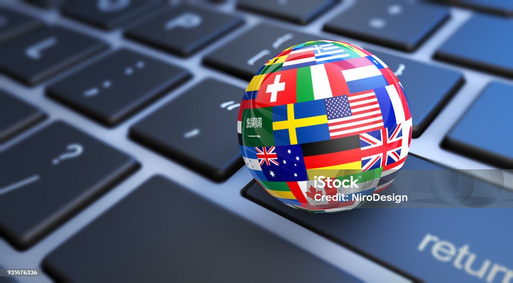 World Flags Globe Computer Keyboard International business concept with a computer keyboard and world flags on a globe 3D illustration. Translation Stock Photo