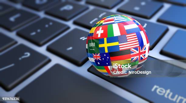 World Flags Globe Computer Keyboard Stock Photo - Download Image Now - Translation, Language, Service