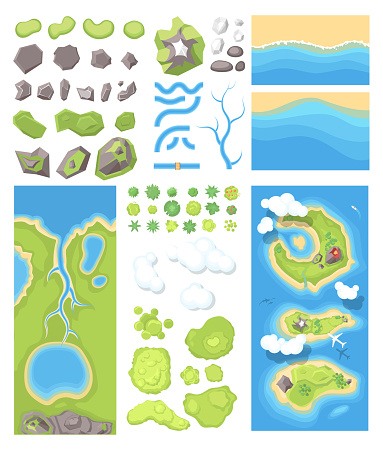 Natural landscape - modern vector set of illustrations with isolated elements. Top view position of islands from the plane, sea coasts, lake. A collection of rivers, stones, mountains, clouds, trees.