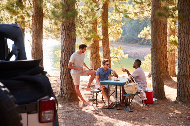 Three male friends talking at a picnic table by a lake