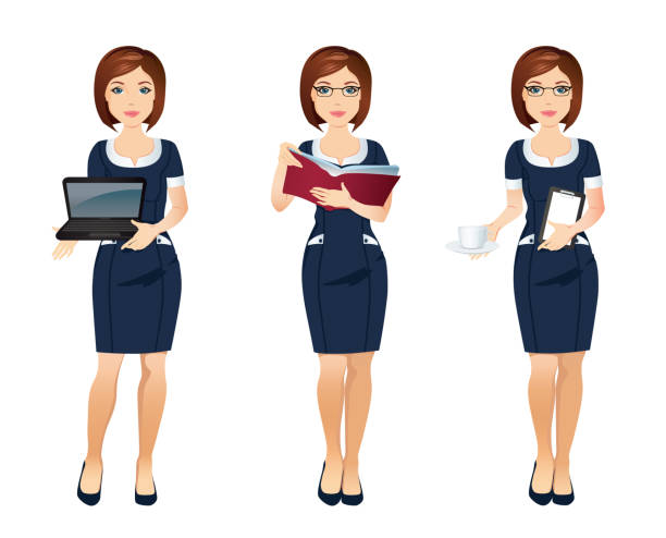 ilustrações de stock, clip art, desenhos animados e ícones de young office woman assistant in different poses - group of objects business human resources laptop