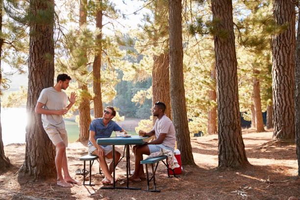 istock Three male friends hanging out talking by a lake 931479908