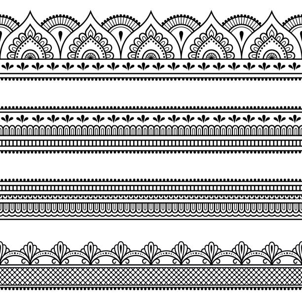 ilustraciones, imágenes clip art, dibujos animados e iconos de stock de conjunto de fronteras para el diseño y aplicación de la henna. estilo de mehndi. patrón decorativo en estilo oriental. - cultura hindú