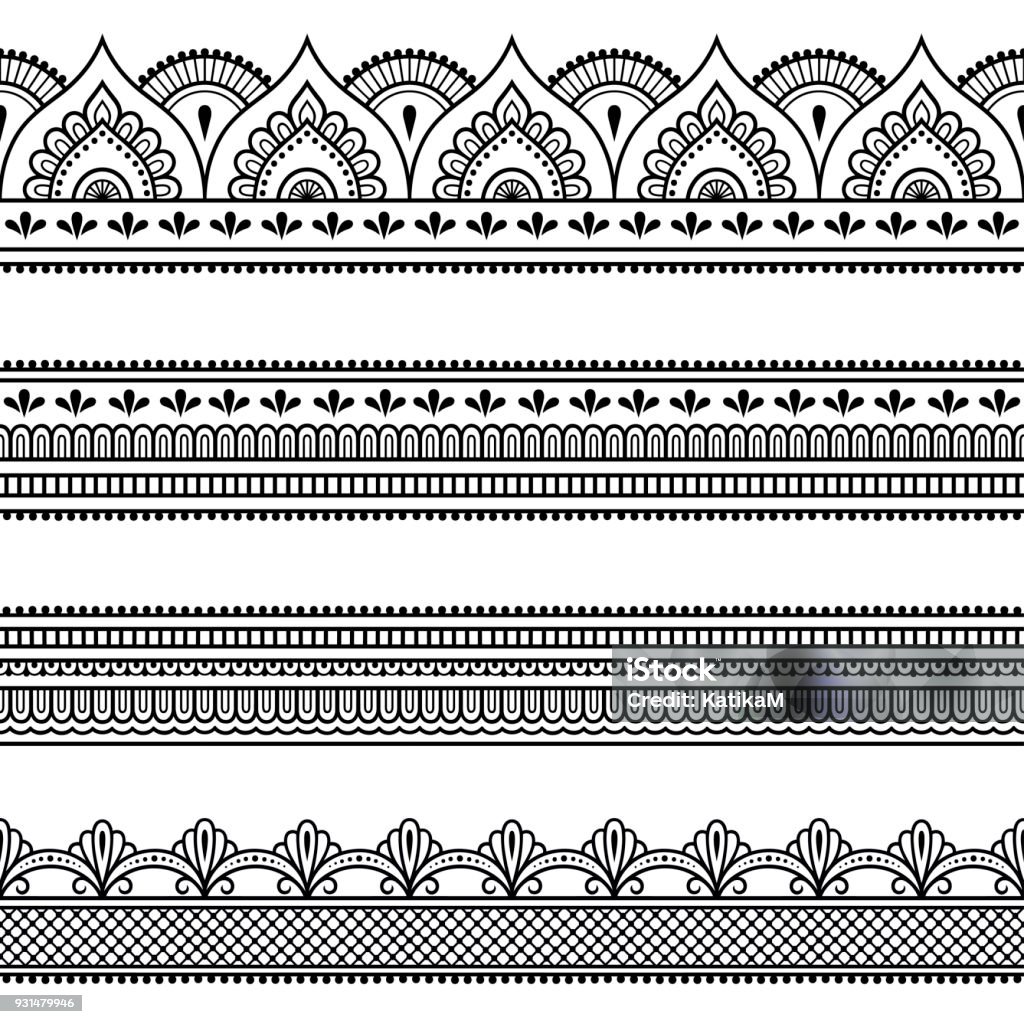 Set of seamless borders for design and application of henna. Mehndi style. Decorative pattern in oriental style. Set of seamless borders for design and application of henna. Mehndi style. Decorative pattern in oriental style.Set of seamless borders for design and application of henna. Mehndi style. Decorative pattern in oriental style. Culture of India stock vector