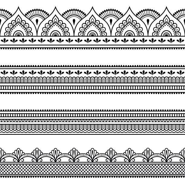 Set of seamless borders for design and application of henna. Mehndi style. Decorative pattern in oriental style. Set of seamless borders for design and application of henna. Mehndi style. Decorative pattern in oriental style.Set of seamless borders for design and application of henna. Mehndi style. Decorative pattern in oriental style. culture of india stock illustrations