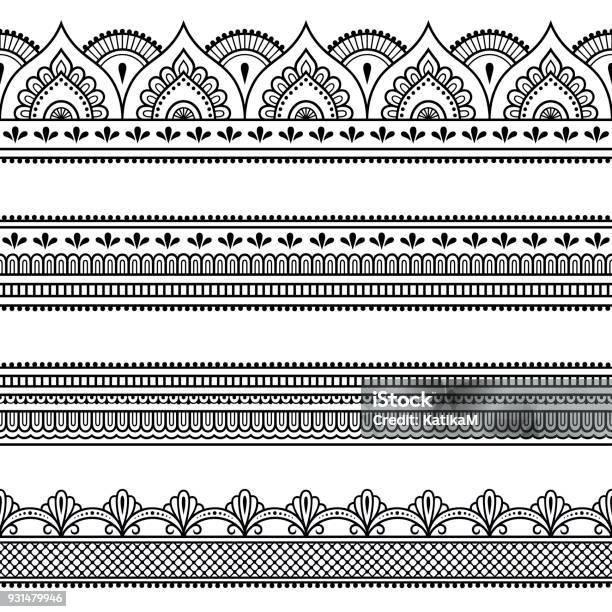 Set Of Seamless Borders For Design And Application Of Henna Mehndi Style Decorative Pattern In Oriental Style Stock Illustration - Download Image Now