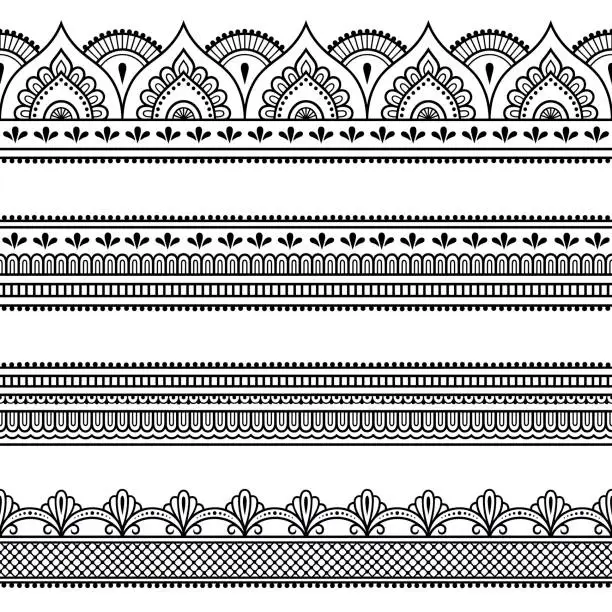 Vector illustration of Set of seamless borders for design and application of henna. Mehndi style. Decorative pattern in oriental style.