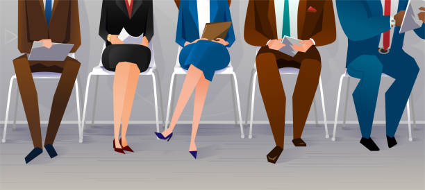 Human resources interview recruitment. Job concept Human resources interview recruitment. Job concept. People sitting on the chairs at the office. Vector illustration interview event backgrounds stock illustrations