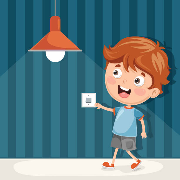 ilustraciones, imágenes clip art, dibujos animados e iconos de stock de vector ilustración de un niño a la luz - house home interior small human hand